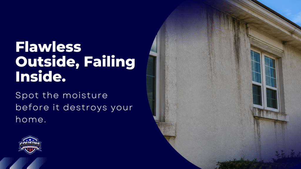 An exterior view of a Fort Myers home with EIFS cladding showing visible water staining and cracks near window frames, illustrating typical moisture damage entry points.