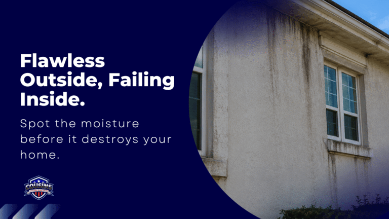An exterior view of a Fort Myers home with EIFS cladding showing visible water staining and cracks near window frames, illustrating typical moisture damage entry points.