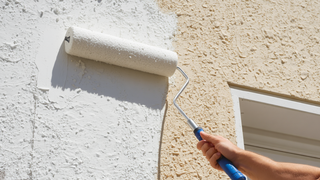 Close-up of a hand using a putty knife to apply gray stucco patching compound into a cracked, weathered exterior stucco wall, soft natural daylight