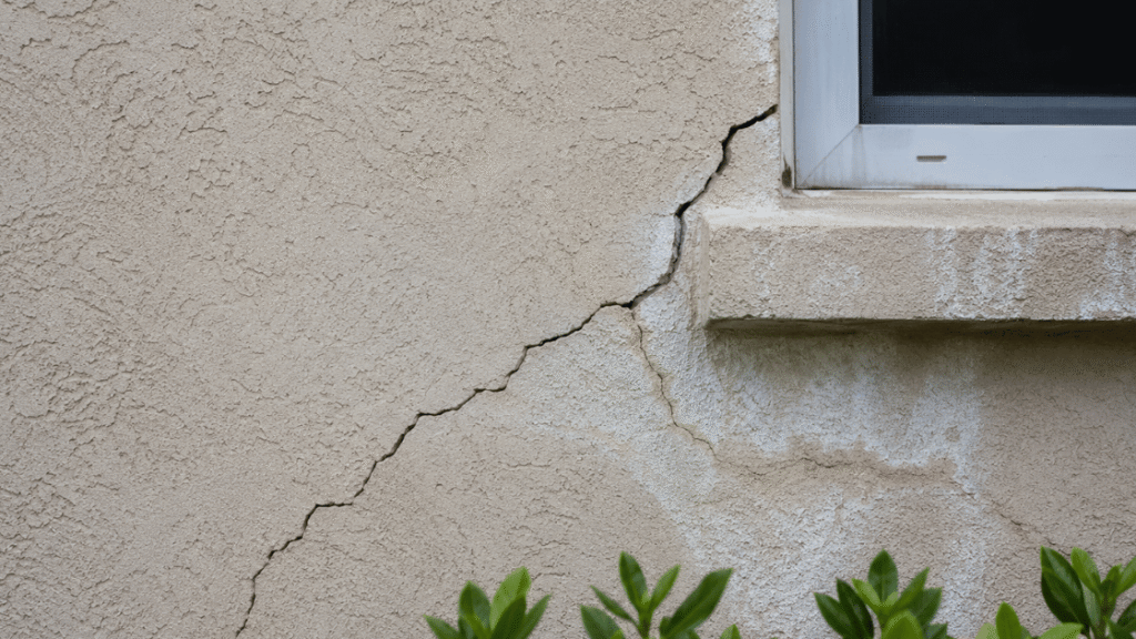 Close-up of a stucco wall showing a visible diagonal crack pattern near a window opening on a Florida canal home.