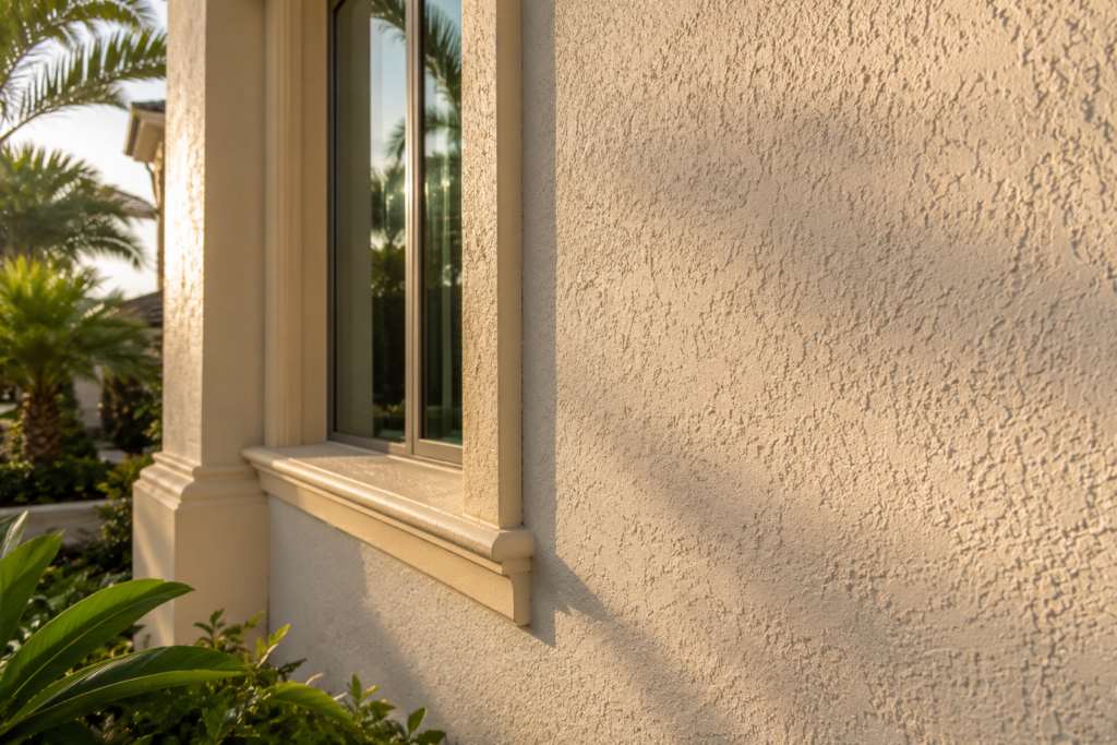 A close-up shot of a freshly applied sand float stucco finish on a Naples-area luxury home exterior, warm afternoon light catching the subtle texture of the surface, with clean termination beads visible around a window frame.